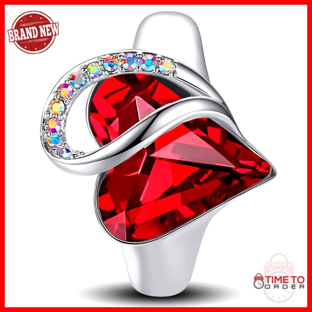 Adjustable Crystal Heart Ring with Birthstones, Size 6.5-8, Silver-Tone